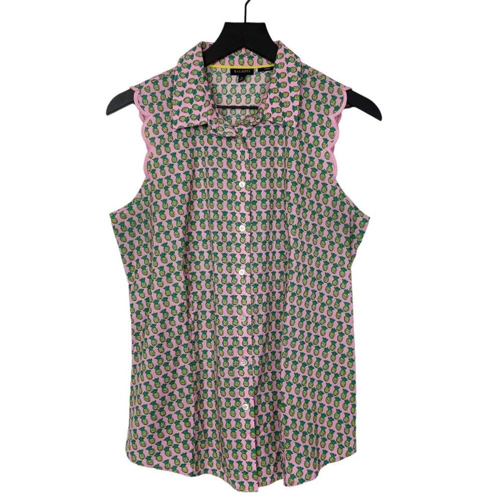 Talbots Pineapple Blouse Pink Yellow Scalloped Sleeveless Top‎ Womens Size 10